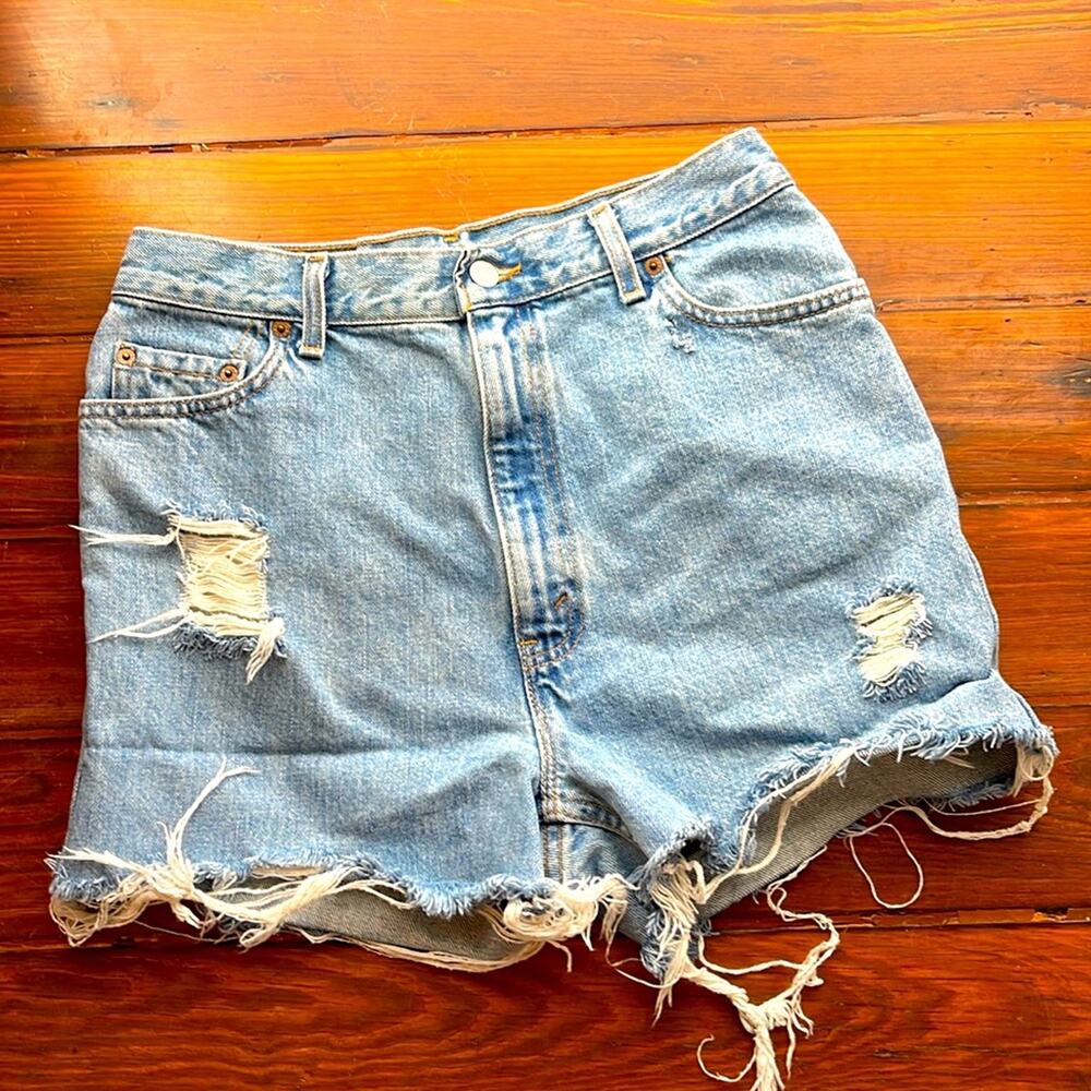 Levi’s super hi rise cutoff distressed denim jean shorts